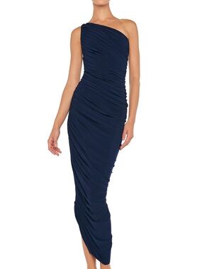 Norma Kamali One-Shoulder Navy Ruched Maxi Dress